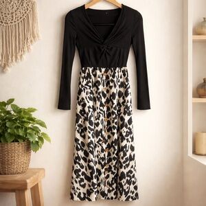 NWOT Cupshe Black & Cream Leopard-Print Long Sleeve Midi Dress with Button Front